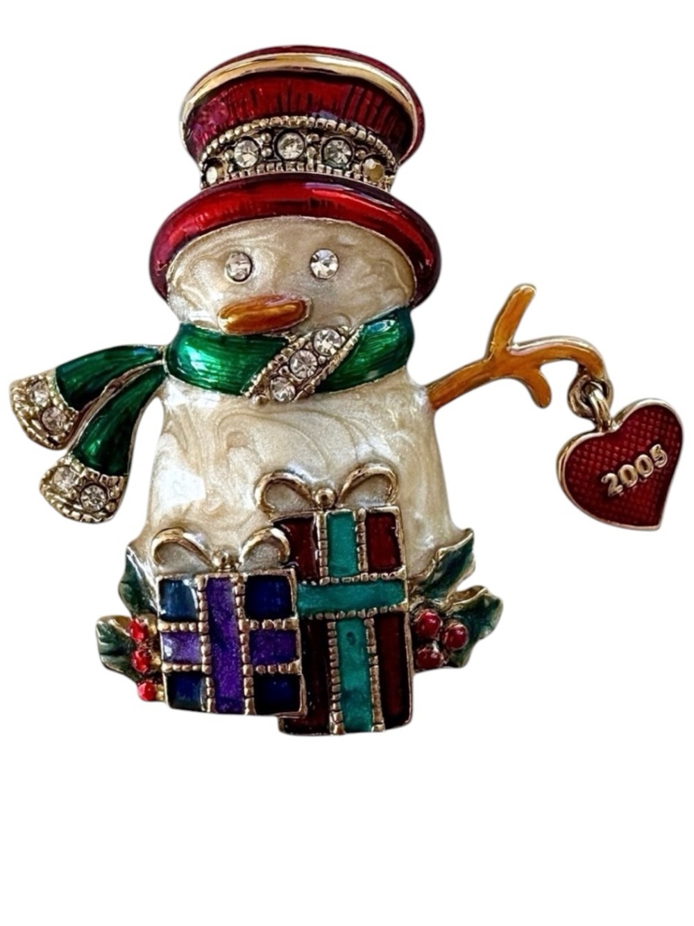 Monet signed Christmas pin with heart dangle and presents marbled enamel snowman